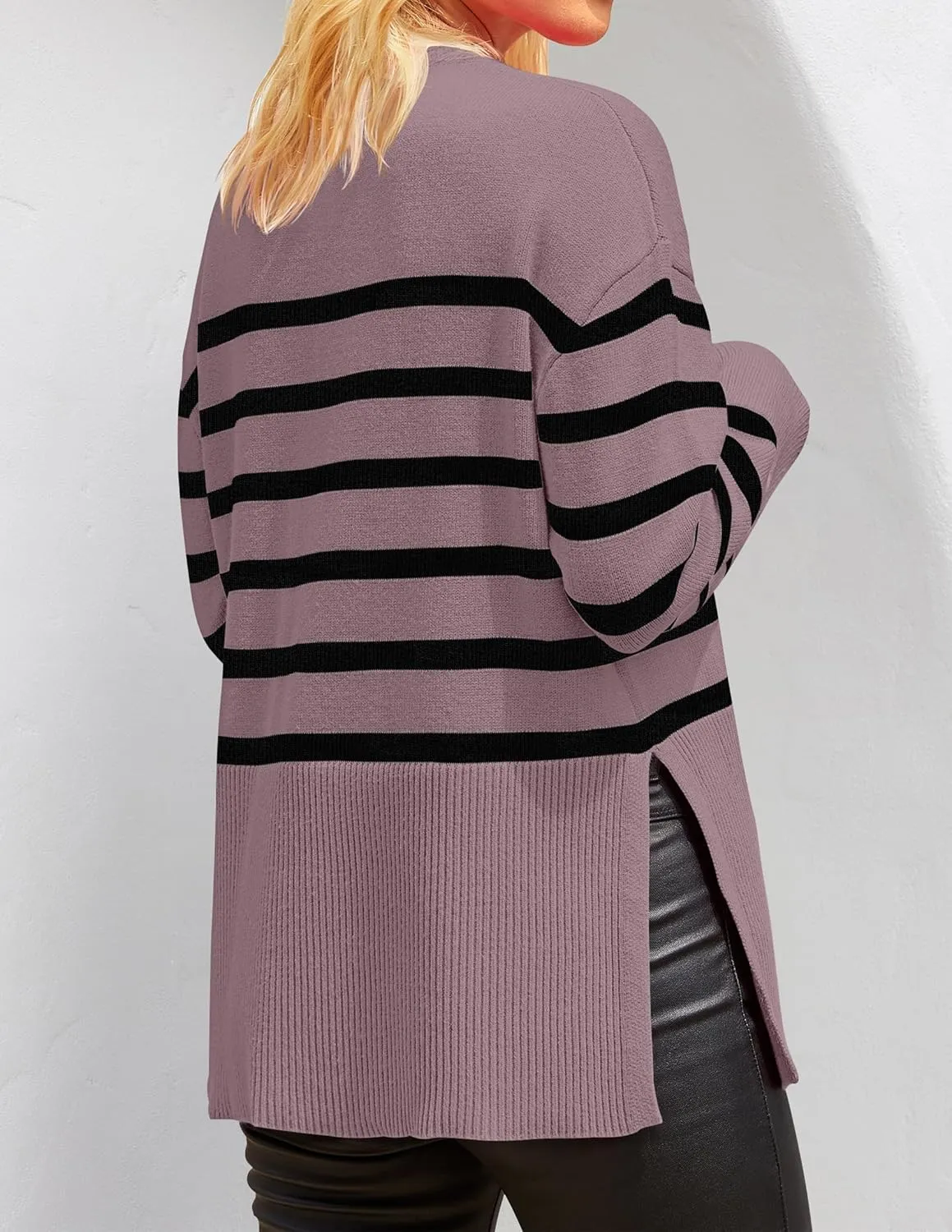 ZESICA Women's Fall Winter Striped Long Sleeve Crew Neck Ribbed Knit Side Slit Oversized Pullover Sweater Jumper Top