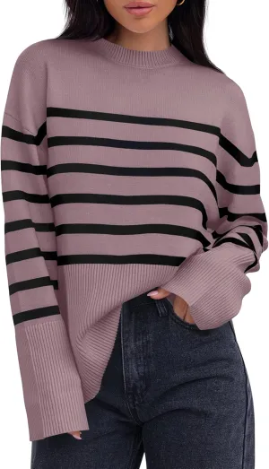 ZESICA Women's Fall Winter Striped Long Sleeve Crew Neck Ribbed Knit Side Slit Oversized Pullover Sweater Jumper Top