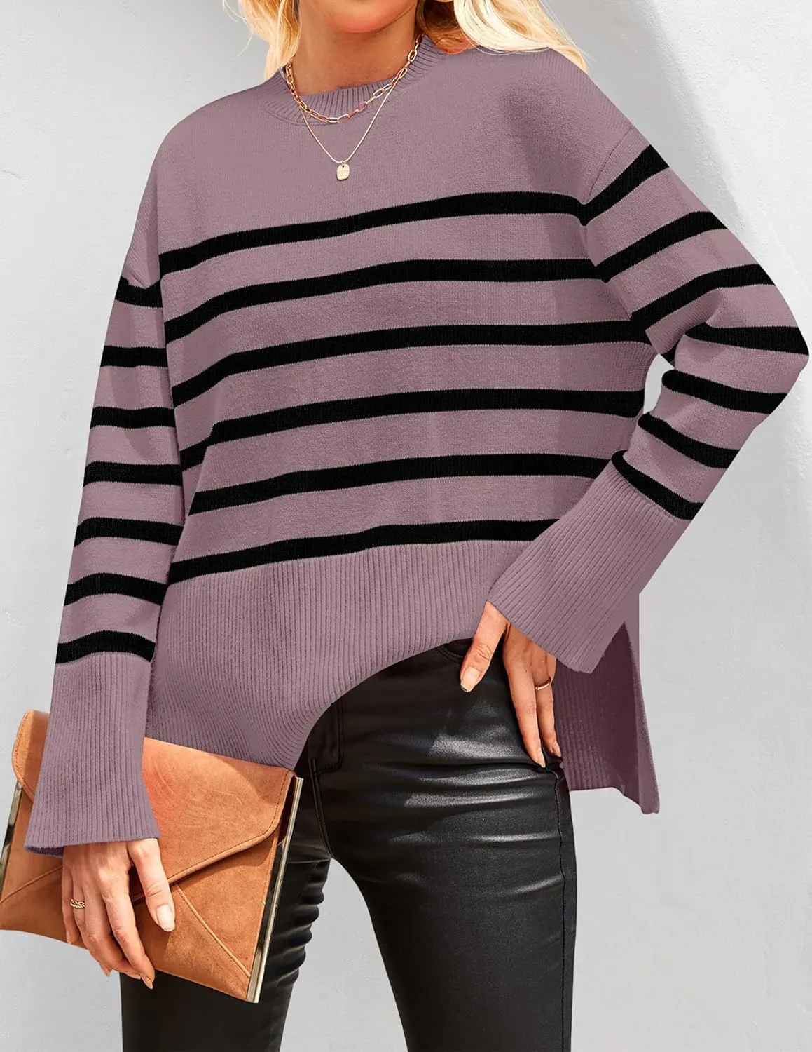 ZESICA Women's Fall Winter Striped Long Sleeve Crew Neck Ribbed Knit Side Slit Oversized Pullover Sweater Jumper Top